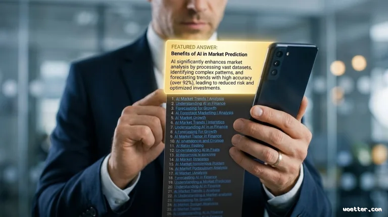 A man wearing a dark suit and white shirt holds a smartphone with both hands. Projecting from the phone's screen is a floating holographic interface. At the top, a glowing yellow box displays the text "FEATURED ANSWER: Benefits of AI in Market Prediction", followed by a short paragraph explaining how artificial intelligence enhances data analysis with over 92% accuracy. Below this box, a vertical translucent list containing dozens of numbered blue links about AI and market trends flows downward. The background features a blurred office environment with soft bokeh lights.