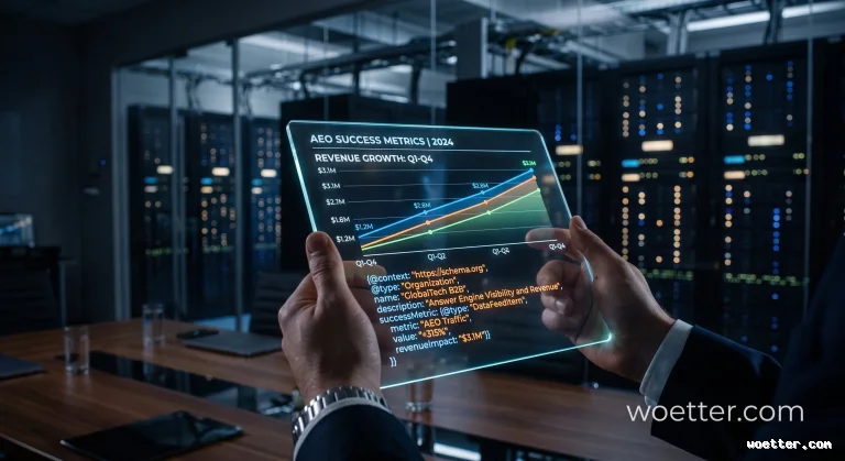 Mãos em um terno escuro seguram um painel holográfico transparente e iluminado. A tela exibe um gráfico de linhas ascendentes intitulado "AEO SUCCESS METRICS | 2024", ilustrando crescimento de receita, juntamente com um bloco de código de dados estruturados focado em SEO. Ao fundo, de forma desfocada, há uma sala de servidores moderna e escura com luzes de LED azuis e laranjas e uma mesa de reunião, criando uma atmosfera tecnológica corporativa e futurista.