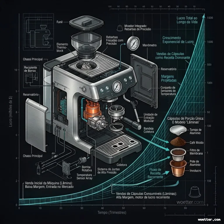 Um infográfico em fundo escuro combinando a vista explodida de uma máquina de café expresso e um gráfico de linha ascendente em tons de ciano. A máquina prateada está dividida em seus componentes, com linhas apontando para rótulos em português como "Funil", "Chassi Principal", "Bomba Rotativa" e "Reservatório". À direita, uma vista explodida de uma cápsula de café detalha suas camadas: tampa de alumínio, café moído, filtro e invólucro. O gráfico de fundo possui o eixo X como "Tempo (Trimestres)" e o eixo Y como "Lucro (milhões de $)". O diagrama ilustra um modelo de negócios, mostrando uma linha inicial baixa rotulada "Venda Inicial da Máquina (Lâmina): Baixa Margem, Entrada no Mercado", que se transforma em uma curva de crescimento exponencial rotulada "Vendas de Cápsulas Consumíveis (Lâminas): Alta Margem, motor de lucro recorrente", culminando no "Lucro Total ao Longo da Vida".