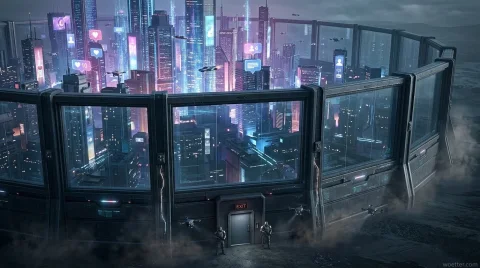 A futuristic cyberpunk-style city filled with bright skyscrapers illuminated by blue, pink, and purple neon lights, featuring floating holograms of social media icons (such as hearts, message bubbles, and user profiles). The vibrant metropolis, where flying vehicles navigate the sky, is completely enclosed by a massive, thick, dark metallic wall with large glass windows. In contrast, the exterior of the wall reveals a barren, dark, and fog-covered landscape. At the base of the structure in the foreground, there is an armored metal door with a red neon "EXIT" sign, guarded by two armed soldiers in tactical gear and flanked by small flying drones equipped with searchlights.