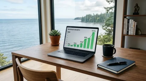 An open silver laptop resting on a wooden desk, displaying a green bar and line chart that illustrates continuous revenue growth. To the left of the computer is a small terracotta pot with a succulent plant, and to the right, a black mug and a closed dark notebook with a pen resting on top. In the background, large glass windows frame a scenic view of a calm sea and a tree-lined coast under a partly cloudy sky. On the far right, a wooden bookshelf with books and decorative items is visible.