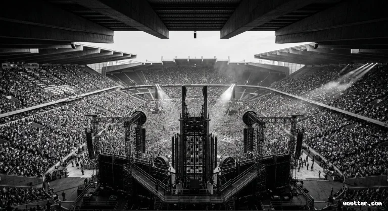 Black and white photograph of a monumental stadium completely packed with a massive crowd for a concert or major event. The perspective is from a high vantage point, positioned behind a huge, intricate metallic stage structure in the foreground, featuring tall towers and walkways. The vast audience fills the entire pitch and the surrounding tiered seating of the arena, under a partially covered roof. Bright spotlight beams cut through the air and haze, illuminating the audience and creating an epic, immersive atmosphere.
