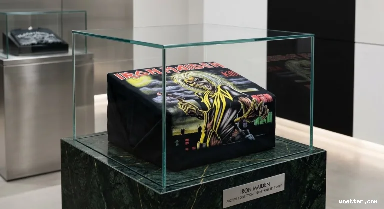 Folded black t-shirt featuring the artwork from Iron Maiden's "Killers" album, showcasing the mascot Eddie and the red band logo, displayed inside a clear glass vitrine. The case rests on a dark green marble pedestal, which features a silver plaque reading "IRON MAIDEN / ARCHIVE COLLECTION - EDDIE 'KILLERS' T-SHIRT". The background is a brightly lit, minimalist environment, resembling an art gallery or high-end boutique, with another metal display case visible in the distance.