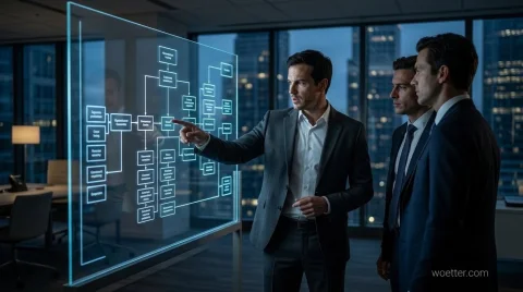Três executivos em um escritório moderno durante a noite. O homem em primeiro plano veste um terno cinza e aponta de forma assertiva para um grande painel digital transparente que exibe um fluxograma luminoso e complexo em tons de azul neon. Os outros dois homens, vestidos com ternos escuros, estão ao seu lado e observam atentamente o ponto indicado no painel. O ambiente possui iluminação reduzida, destacando o brilho tecnológico da tela, e as grandes janelas ao fundo revelam a paisagem de uma cidade com prédios iluminados.