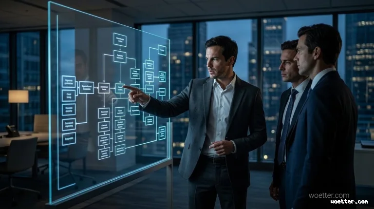 Três executivos em um escritório moderno durante a noite. O homem em primeiro plano veste um terno cinza e aponta de forma assertiva para um grande painel digital transparente que exibe um fluxograma luminoso e complexo em tons de azul neon. Os outros dois homens, vestidos com ternos escuros, estão ao seu lado e observam atentamente o ponto indicado no painel. O ambiente possui iluminação reduzida, destacando o brilho tecnológico da tela, e as grandes janelas ao fundo revelam a paisagem de uma cidade com prédios iluminados.