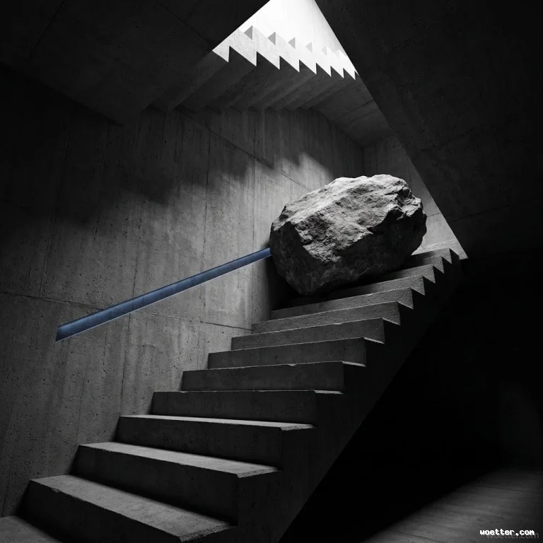 Fotografia de alto contraste em tons de cinza exibindo um ambiente interno de arquitetura brutalista. Uma grande e rústica rocha encontra-se presa no meio de uma escadaria de concreto, bloqueando o caminho em direção a uma abertura iluminada no topo. Uma barra longa e escura estende-se diagonalmente da parede esquerda e encosta na pedra. O cenário possui iluminação dramática que projeta sombras profundas nas paredes de concreto, criando uma forte sensação de obstáculo e tensão estrutural.