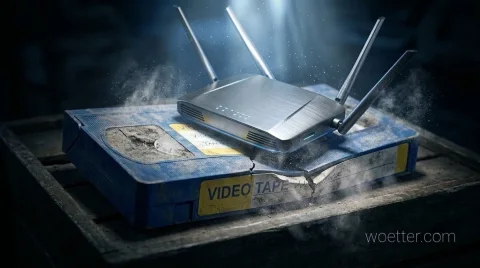 Roteador Wi-Fi prateado e moderno, com quatro antenas e luzes indicadoras azuis acesas, posicionado sobre uma fita de vídeo VHS azul, velha e quebrada. A fita possui uma etiqueta amarela gasta com a inscrição "VIDEO TAPE". O cenário apresenta iluminação dramática com um feixe de luz superior, destacando partículas de poeira e fumaça no ar, criando um forte contraste entre a tecnologia atual e a obsoleta sobre uma superfície rústica de madeira.