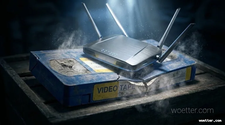 Modern silver Wi-Fi router with four antennas and glowing blue indicator lights, placed on top of an old, broken blue VHS video tape. The tape features a worn yellow label that reads "VIDEO TAPE". The scene has dramatic lighting with a spotlight from above, highlighting dust particles and smoke in the air, creating a strong cinematic contrast between new and obsolete technology on a rustic wooden surface.