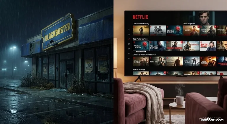 Split-screen image contrasting different eras of entertainment. The left half shows the gloomy exterior of an abandoned Blockbuster video store at night in heavy rain, featuring its classic, decaying blue and yellow sign, dark windows, and weeds growing through the wet parking lot. The right half displays a warm, brightly lit, cozy indoor setting, highlighting a modern flat-screen TV displaying the Netflix browsing interface, accompanied by a comfortable sofa with a throw blanket and a steaming mug on a small table.