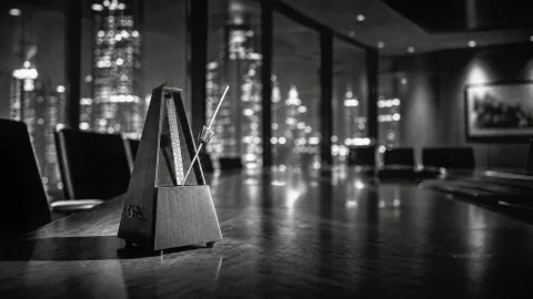 Fotografia em preto e branco de um metrônomo mecânico clássico em formato de pirâmide posicionado sobre uma mesa de conferência longa e reflexiva. Em primeiro plano, o metrônomo está em foco nítido com a haste inclinada para a direita. O fundo desfocado apresenta grandes janelas de vidro que revelam as luzes brilhantes de arranha-céus em uma cidade à noite, criando um efeito bokeh. O ambiente é um escritório corporativo escuro com silhuetas de cadeiras ao redor da mesa.