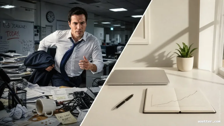 A split-screen photograph divided by a diagonal line. The left side shows a chaotic office scene with a stressed man in motion, holding a suit jacket and running towards the camera. He wears a disheveled white dress shirt and a loose blue tie. The desk in front of him is cluttered with piles of paperwork, post-it notes reading 'CALL CLIENT ASAP!!!', and a toppled coffee cup. In the background, a whiteboard reads 'Q3 DEADLINE: TODAY' and other employees work. The right side shows a clean, minimalist desk with a closed silver laptop, an open notebook displaying a simple linear growth graph, a pen, and a potted plant under soft natural light. The atmosphere on the right is calm and orderly.