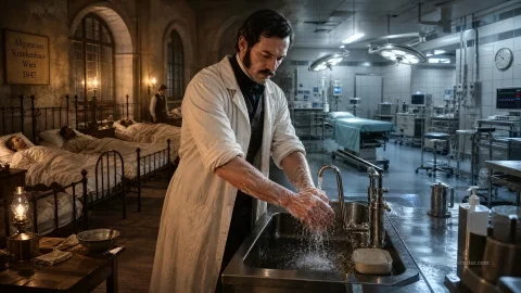 Fotografia conceitual mostrando uma transição de época no mesmo ambiente. Em primeiro plano, um médico com costeletas e roupas do século XIX sob um jaleco branco lava vigorosamente as mãos com sabão em uma pia de metal sob água corrente. O fundo à esquerda retrata uma enfermaria de hospital sombria e antiga, iluminada por um lampião, com camas de ferro, pacientes descansando, janelas em arco e uma placa na parede onde se lê 'Allgemeines Krankenhaus Wien 1847'. O fundo à direita se transforma gradualmente em uma sala de cirurgia moderna, fria e bem iluminada, equipada com luzes cirúrgicas de teto, monitores digitais, uma mesa de operação e móveis de aço inoxidável esterilizados.