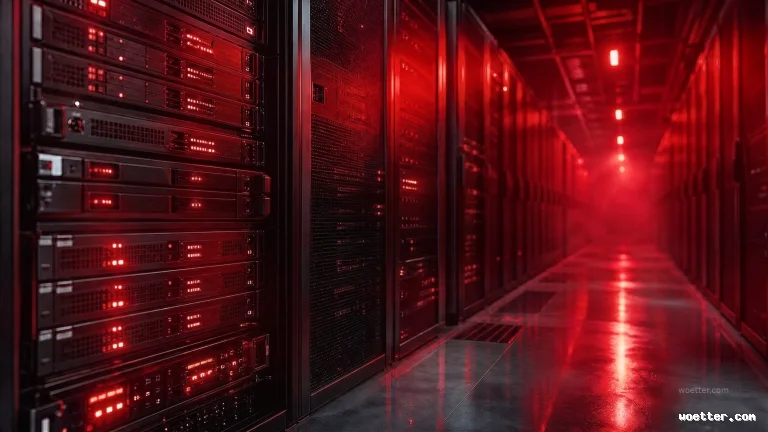 Corredor de um data center escuro, iluminado predominantemente por intensas luzes vermelhas que criam uma atmosfera dramática e de alerta. Em ambos os lados, altas fileiras de racks de servidores pretos exibem múltiplos pequenos LEDs vermelhos brilhantes em seus painéis frontais. O chão liso e polido reflete a forte iluminação vermelha do teto e dos equipamentos, e uma leve névoa é visível no fundo do corredor.