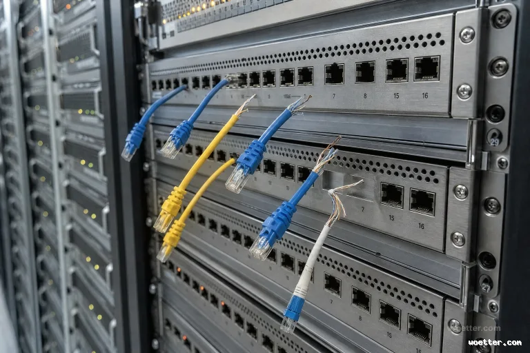 Visão detalhada de um painel metálico de switch de rede em um rack de servidor. Vários cabos de rede Ethernet, nas cores azul, amarelo e branco, estão conectados às portas, mas foram cortados abruptamente a poucos centímetros dos conectores. As pontas rompidas pendem para baixo, revelando os fios de cobre internos expostos e desfiados. No fundo desfocado, é possível ver outros equipamentos de data center com pequenas luzes indicadoras amarelas.