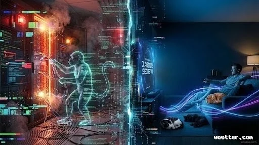 Uma imagem dividida em duas metades que contrasta o caos da infraestrutura de rede com o conforto do usuário. A metade esquerda mostra uma sala de servidores em crise, iluminada por luzes de alerta vermelhas, com fumaça, faíscas e distorções digitais. Um macaco holográfico translúcido, formado por códigos verdes luminosos, manipula caoticamente os cabos dos servidores. A metade direita mostra o interior de uma sala de estar escura e tranquila, banhada pela luz azul de uma grande televisão que exibe o título "O AGENTE SECRETO". Um homem relaxa sorrindo no sofá com um controle remoto, enquanto um gato laranja descansa em seu colo e outros dois gatos (um preto e um malhado) dormem no tapete. Feixes de luz digital fluem da TV pelo ambiente, conectando as duas realidades.