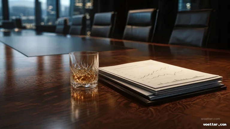 A crystal glass holding an amber-colored beverage sits on a glossy dark wood boardroom table next to a folder containing printed documents with financial line and bar graphs. The scene is a corporate room with dramatic lighting, highlighting the foreground objects, while the blurred background shows empty black leather chairs and large windows with a view of a city skyline at dusk.