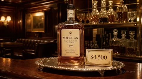 Uma garrafa de whisky The Macallan Single Highland Malt, safra 1970, repousa sobre uma bandeja de prata detalhada em um balcão de bar de madeira escura e polida. Ao lado da garrafa, uma pequena placa com bordas clássicas exibe o preço de $4.500. O fundo desfocado revela um ambiente de lounge luxuoso e clássico, com iluminação quente em tons de âmbar, painéis de madeira, sofás de couro escuro e uma prateleira iluminada com vários decantadores de cristal.