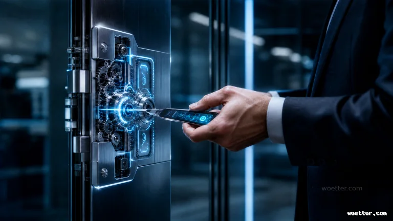 A man wearing a dark suit and white shirt uses a digital device to unlock a high-tech lock on a metal door. The device emits a blue light beam directed into the center of the mechanism, which features exposed metal gears and futuristic panels illuminated by glowing blue lines. The background of the image is blurred, revealing a modern environment with cool tones and corporate lighting.