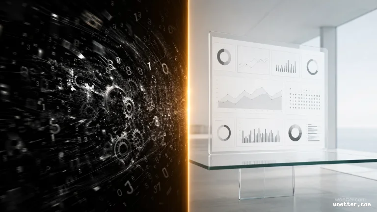 Image split vertically in half by a glowing golden line. The left half displays a dark, abstract, and chaotic environment featuring metallic gears, swirling lines, and floating numbers. The right half shows a bright, minimalist modern office interior containing a transparent glass panel resting on a glass table. The panel displays an organized data dashboard with various charts, including pie charts, line graphs, and bar charts.