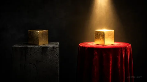 Dois cubos dourados exibidos em cenários contrastantes contra um fundo escuro e texturizado. À esquerda, na penumbra, um cubo dourado repousa sobre um pedestal de pedra escura e rachada. À direita, o segundo cubo dourado está posicionado sobre uma mesa redonda coberta por um luxuoso tecido de veludo vermelho drapeado, sendo intensamente iluminado por um feixe de luz quente que incide diretamente do topo.