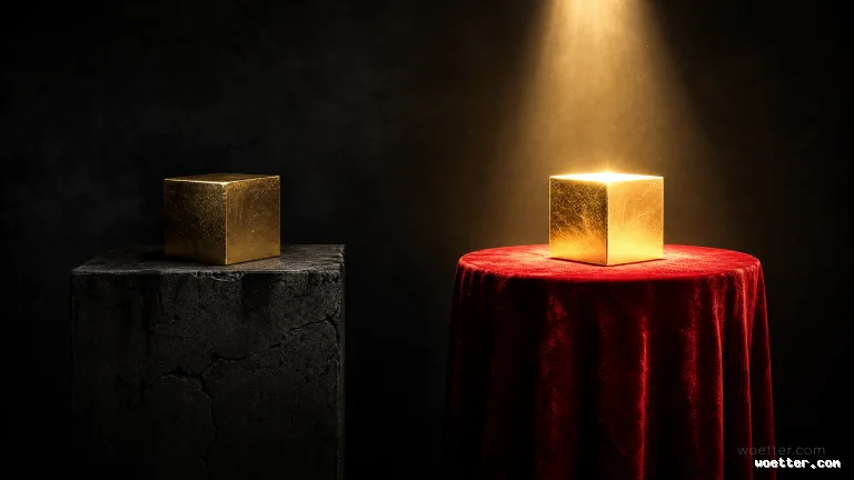Two golden cubes displayed in contrasting settings against a dark, textured background. On the left, in dim lighting, a gold cube rests on a dark, cracked stone pedestal. On the right, the second golden cube sits on a round table draped in rich red velvet fabric, dramatically illuminated by a warm spotlight shining directly down from above.