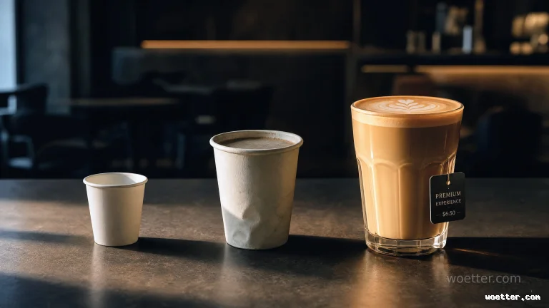 Three cups lined up on a dark counter illuminated by a warm light. On the left, a small white paper cup; in the center, a medium white paper cup that is slightly crumpled; on the right, a large glass cup filled with a latte, featuring latte art on the surface and a hanging black tag that reads "PREMIUM EXPERIENCE - .50 -". The background is dark and blurred, suggesting a cafe setting.