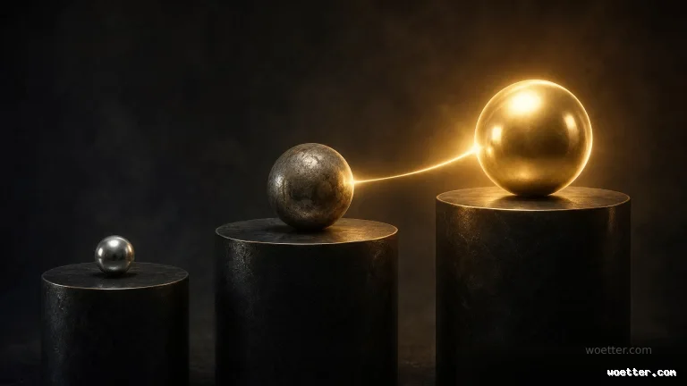 Three dark cylindrical pedestals of increasing height from left to right, set against a dark, textured background. The shortest pedestal on the left holds a small, dark metallic sphere. The middle pedestal holds a medium-sized metallic sphere with a rustic texture. The tallest pedestal on the right displays a large golden sphere emitting an intense glow. A beam of golden light connects the middle sphere to the main golden sphere.