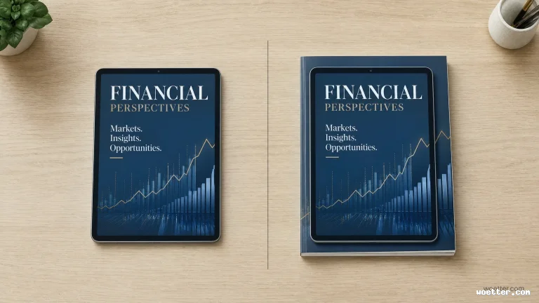 Top-down view of a light wooden desk divided in half by a thin vertical line. On the left, a tablet displays a dark blue digital cover with the title "FINANCIAL PERSPECTIVES", the subtitle "Markets. Insights. Opportunities.", and a rising financial bar and line chart. On the right, the same tablet with its screen on rests on top of a thick physical book, which features the exact same blue cover art as the digital file. In the top corners, there is a small potted plant on the left and a white cup on the right.