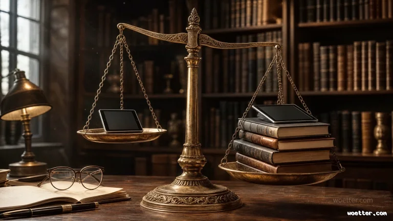 An antique brass balance scale of justice is perfectly balanced on a dark wooden desk. The left pan holds a black tablet, while the right pan contains a stack of vintage hardcover books topped with a smartphone. In the foreground, reading glasses, an open book, and a fountain pen are visible. The background shows a blurred bookcase and a window.