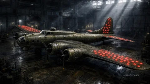 Uma imagem dramática e industrial de um bombardeiro pesado B-17 Flying Fortress envelhecido e texturizado dentro de um enorme hangar escuro. A aeronave verde-oliva está centralizada no piso de concreto molhado e reflexivo, coberta por um padrão hipnotizante e luminescente de círculos concêntricos vermelhos brilhantes, como alvos, nas asas e na cauda. Raios de luz natural descem de clarabóias no telhado metálico, criando contrastes nítidos e iluminando a poeira no ar.
