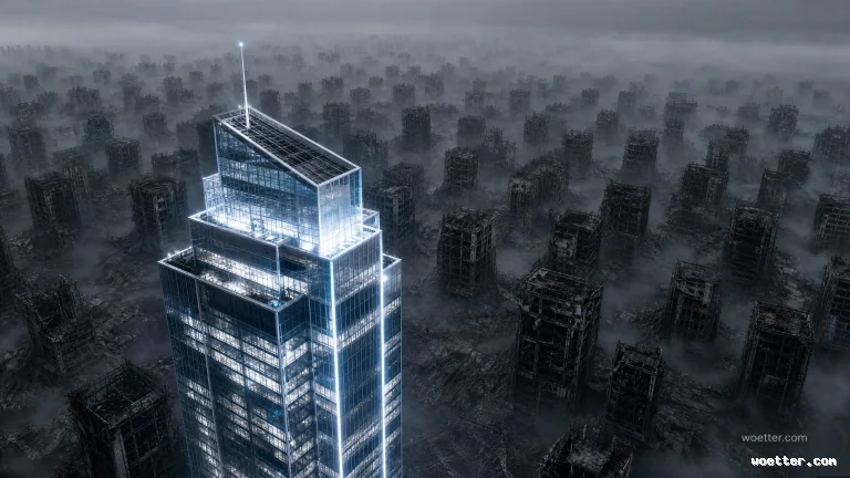 A dramatic, high-angle dystopian aerial photograph of a single, modern, brightly illuminated glass and steel skyscraper in the foreground, standing in sharp contrast to a vast background filled with countless skeletal, ruined, or unfinished building structures under a dark, foggy sky. The main skyscraper is fully lit with cool blue internal lights and features complex, angled roof sections with a glowing lightning rod tip. The background cityscape is a grid of dark, dilapidated, and decaying building frames, all shrouded in thick, dark atmosphere and shadow. The lone glowing building provides the only light source against the decayed urban landscape.