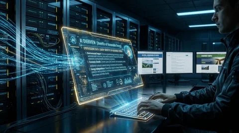 A man in profile working in a dark server room, typing on an illuminated futuristic keyboard. He is looking at a large, translucent holographic screen floating above the desk, displaying a dashboard titled "AI OVERVIEW: [Benefits of Renewable Energy]". Streams of glowing blue light flow from the server racks on the left directly into the holographic screen, simulating a continuous flow of data transfer. In the background, there are multiple aisles of servers and conventional computer monitors displaying web pages.
