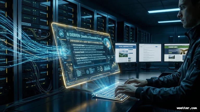 A man in profile working in a dark server room, typing on an illuminated futuristic keyboard. He is looking at a large, translucent holographic screen floating above the desk, displaying a dashboard titled "AI OVERVIEW: [Benefits of Renewable Energy]". Streams of glowing blue light flow from the server racks on the left directly into the holographic screen, simulating a continuous flow of data transfer. In the background, there are multiple aisles of servers and conventional computer monitors displaying web pages.