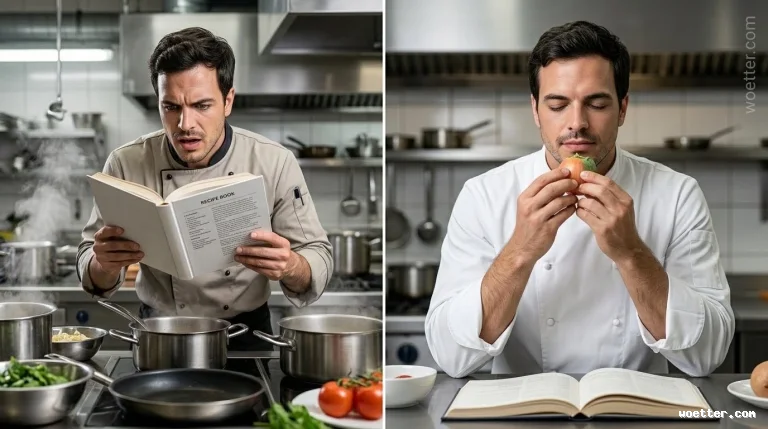 A chef in a white uniform sits calmly at a stainless steel counter in a commercial kitchen, his eyes closed as he holds a fresh onion close to his nose, smelling it with both hands. An open book lies flat on the counter directly in front of him, next to a small white bowl.