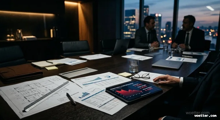 Photograph of a dimly lit executive conference room with large windows showing a nighttime city skyline view. In the foreground and in sharp focus on a long wooden table, there are architectural blueprints, printed financial reports with charts, a tablet displaying a red downward-trending quarterly performance graph, along with a ruler, pen, and eyeglasses. In the slightly blurred background, two men in business suits are seated at the table conversing.