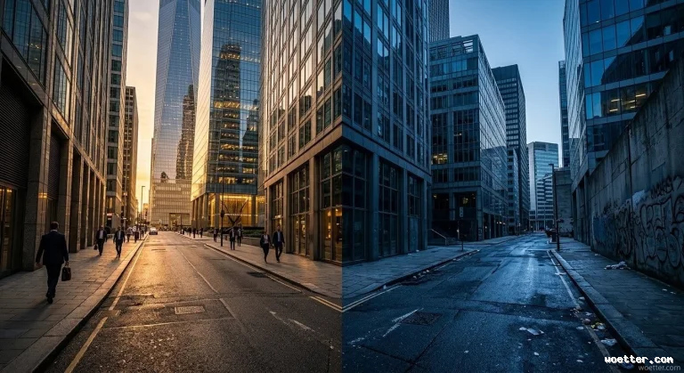 Vertically split photograph showing a stark contrast of an urban street. The left half displays a vibrant daytime scene illuminated by golden sunlight reflecting off large glass skyscrapers, with several people in business attire walking along clean sidewalks. The right half shows a dark, deserted version of the same location in cool, blue tones, with trash scattered across the asphalt and a concrete wall covered in graffiti on the right, creating a bleak and decaying atmosphere.