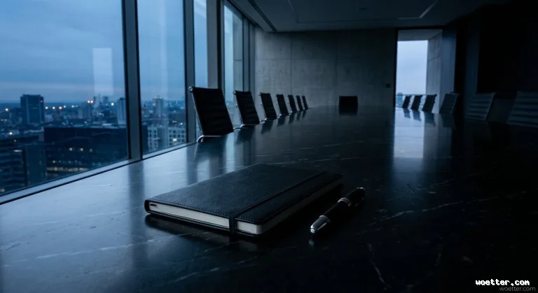 A closed black notebook with an elastic band and an executive pen rest on a long dark marble conference table. The setting is a modern corporate meeting room, with black chairs lined up in the blurred background. Large windows on the left show a cityscape at dusk, illuminating the space with cool, blue tones.