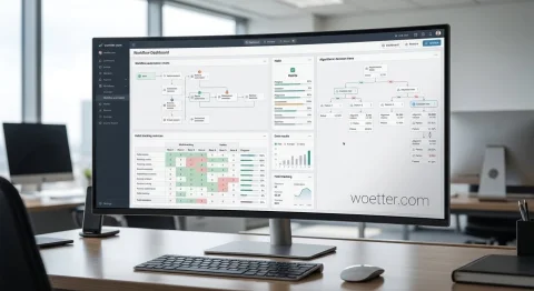 Um monitor curvo exibindo um painel de controle digital focado em gráficos de automação de fluxo de trabalho, matrizes de rastreamento de hábitos e árvores de decisão algorítmicas. O monitor está apoiado sobre uma mesa de escritório de madeira, acompanhado por um teclado preto, um mouse prateado e um caderno escuro fechado. O fundo desfocado revela um ambiente corporativo moderno e bem iluminado por amplas janelas.
