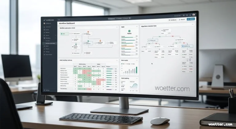 A curved monitor displaying a digital dashboard focused on workflow automation charts, habit tracking matrices, and algorithmic decision trees. The monitor rests on a wooden office desk, accompanied by a black keyboard, a silver mouse, and a closed dark notebook. The blurred background reveals a modern corporate environment, brightly lit by large windows.