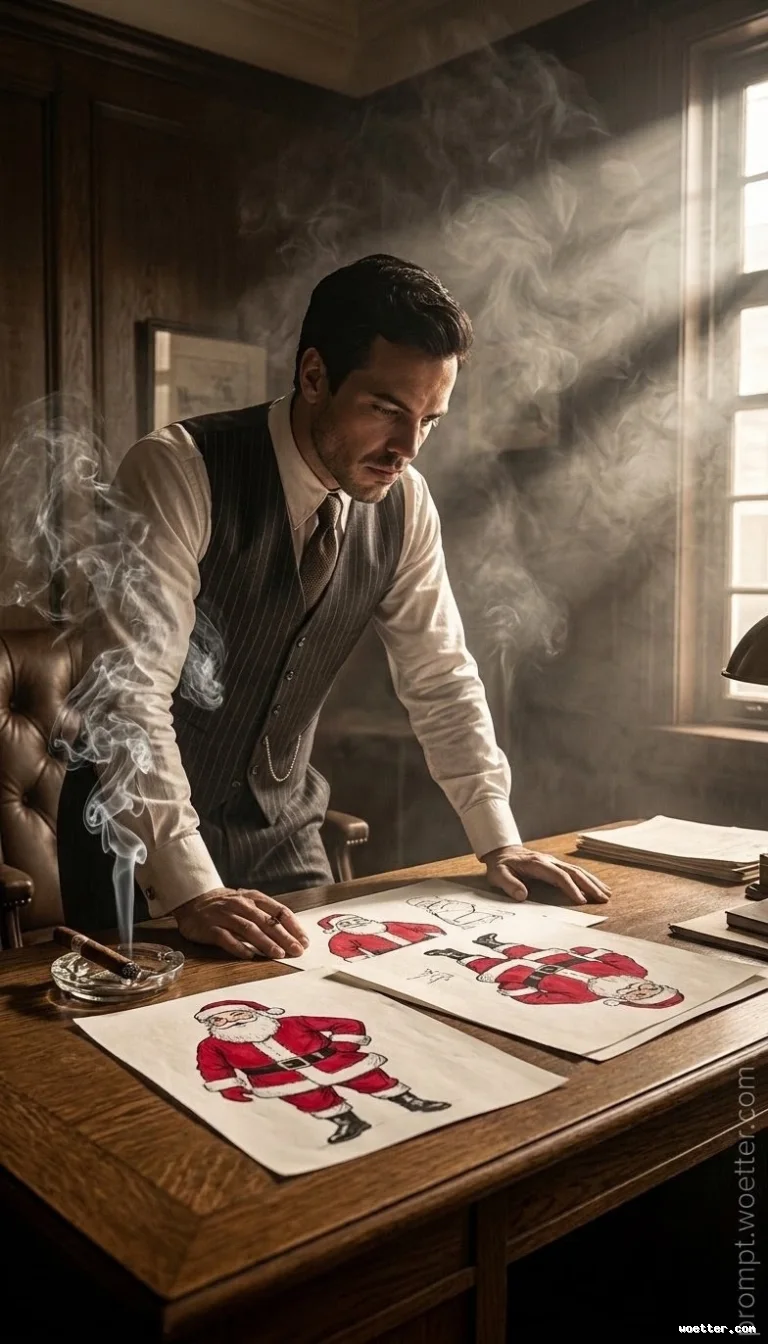 An elegant man, dressed in a mid-century pinstripe vest, white shirt, and tie, stands leaning over a large, solid wooden office desk. He is focused on three detailed, colored character sketches of Santa Claus laid out on the desk (one full-body drawing in the foreground and two smaller ones behind). His hands are resting on the desk edge. To the left, a glass ashtray holds a lit cigar that sends a column of smoke rising into the room. The setting is a classic study with dark wood paneled walls and a leather chair in the background. Dramatic sunbeams pierce through a tall window on the right, illuminating the visible smoke in the atmospheric air.