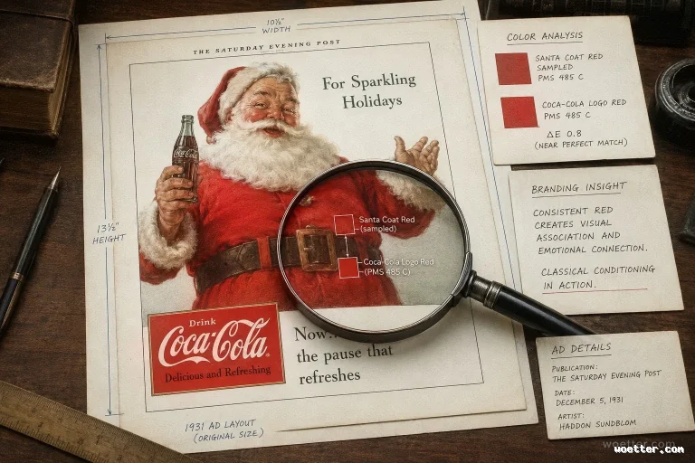 Top-down view of a dark wooden desk displaying a vintage 1931 Coca-Cola advertisement from "The Saturday Evening Post" featuring Santa Claus holding a Coke bottle. A magnifying glass rests over the ad, highlighting a color analysis that matches the red of Santa's coat with the official Coca-Cola Logo Red (PMS 485 C). Blue measurement lines frame the ad's layout. To the right, three index cards contain handwritten notes titled "Color Analysis," "Branding Insight," and "Ad Details." A fountain pen, a wooden ruler, and antique books rest at the edges of the desk, creating an atmosphere of historical marketing research and brand analysis.