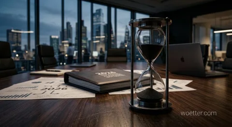 Uma sala de reuniões corporativa com vista noturna para arranha-céus iluminados através de amplas janelas de vidro. Em primeiro plano, sobre uma longa mesa de madeira, há uma ampulheta de metal com areia escura e um caderno preto com o título "2026 STRATEGIC PLANNING DOCUMENT". Ao redor do caderno, estão espalhados diversos documentos impressos com gráficos, tabelas e a indicação do ano "2026". No fundo desfocado, há um notebook aberto e a silhueta de uma pessoa em pé observando a cidade.