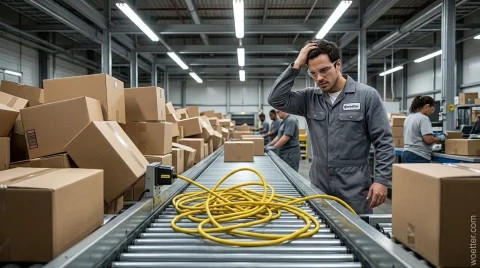 Fotografia no interior de um amplo e bem iluminado armazém industrial. Em primeiro plano, um trabalhador vestindo macacão cinza e óculos de proteção está de pé ao lado de uma esteira de roletes, com uma das mãos na cabeça e expressão de frustração ou preocupação. Sobre a esteira, um grosso cabo de energia amarelo está embolado, interrompendo o fluxo de caixas de papelão. À esquerda, há uma grande pilha desorganizada de caixas acumuladas. Ao fundo, outros funcionários com uniformes semelhantes aparecem trabalhando na linha de produção.
