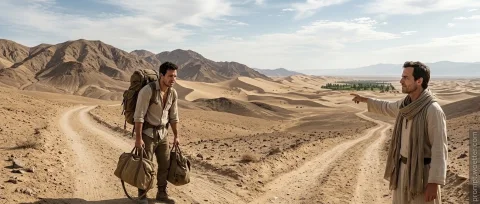 Dois homens em uma paisagem árida de deserto com montanhas e dunas sob um céu com algumas nuvens. À esquerda, um homem vestindo roupas cáqui carrega uma grande mochila de trilha nas costas e duas bolsas de lona nas mãos, aparentando cansaço. À direita, um homem usando uma túnica clara e lenço aponta com o braço em direção a um distante oásis verde no meio das dunas. Caminhos de terra marcados na areia cruzam o cenário.