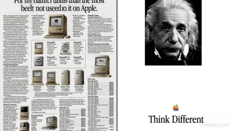 Uma imagem dividida lado a lado mostrando dois estilos contrastantes de anúncios da Apple. A metade esquerda exibe um anúncio denso e em preto e branco, repleto de colunas de texto, tabelas de especificações e pequenas fotografias de vários computadores de mesa clássicos na cor bege com monitores de tubo (CRT), contendo referências a modelos PowerPC e Performa. A metade direita apresenta um design minimalista com um grande retrato fotográfico em preto e branco do físico Albert Einstein, exibindo seus característicos cabelos brancos desgrenhados e um olhar direto. Abaixo da foto de Einstein, centralizado em um amplo fundo branco, está o clássico logotipo da maçã mordida preenchido com as cores do arco-íris, acompanhado do icônico slogan "Think Different" escrito em uma fonte preta com serifa.