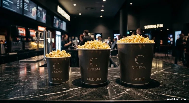 Three brown paper popcorn buckets in small, medium, and large sizes arranged in a row on a glossy black marble counter. The buckets are full and display a crescent moon logo with a 'C', the word "CINEMA", and the size labels "SMALL", "MEDIUM", and "LARGE". The blurred background shows the interior of a dimly lit cinema lobby with warm lighting, a concessions stand, patrons, staff, and an illuminated ceiling sign reading "SCREENS 7-14".