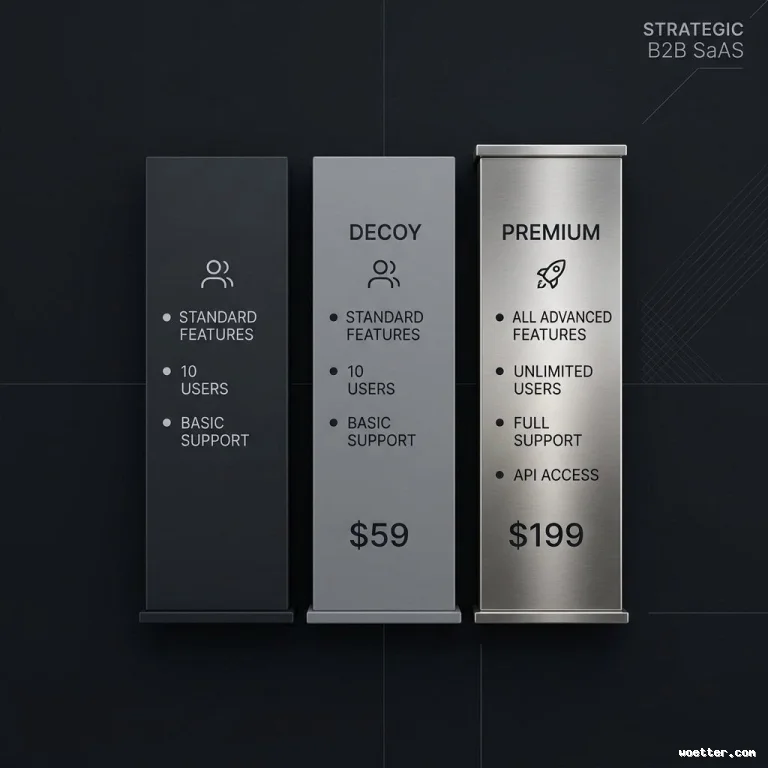 Three vertical rectangular panels arranged side-by-side on a dark background with subtle grid lines, illustrating a pricing structure. In the top right corner, it reads "STRATEGIC B2B SaaS". The first panel on the left is dark grey, featuring a user profile icon and listing: "STANDARD FEATURES", "10 USERS", and "BASIC SUPPORT", with no price shown. The middle panel is medium grey, titled "DECOY", with the same profile icon, identical feature list, and a price of "" at the bottom. The right panel stands out with a brushed steel texture and subtle bevel, is titled "PREMIUM", features a rocket icon, and lists: "ALL ADVANCED FEATURES", "UNLIMITED USERS", "FULL SUPPORT", and "API ACCESS", with a price of "9" at the bottom.