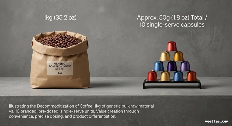 A comparative image set against a grey concrete surface and background. On the left, a brown paper bag overflowing with roasted coffee beans features a label reading "GENERIC ROASTED COFFEE BRAZIL 1kg", with the text "1kg (35.2 oz)" hovering above it. On the right, 10 vibrant metallic coffee capsules (red, gold, blue, and purple) are stacked in a pyramid shape on a small black stand, with the text "Approx. 50g (1.8 oz) Total / 10 single-serve capsules" hovering above. At the bottom, a caption explains the concept: "Illustrating the Decommoditization of Coffee: 1kg of generic bulk raw material vs. 10 branded, pre-dosed, single-serve units. Value creation through convenience, precise dosing, and product differentiation."