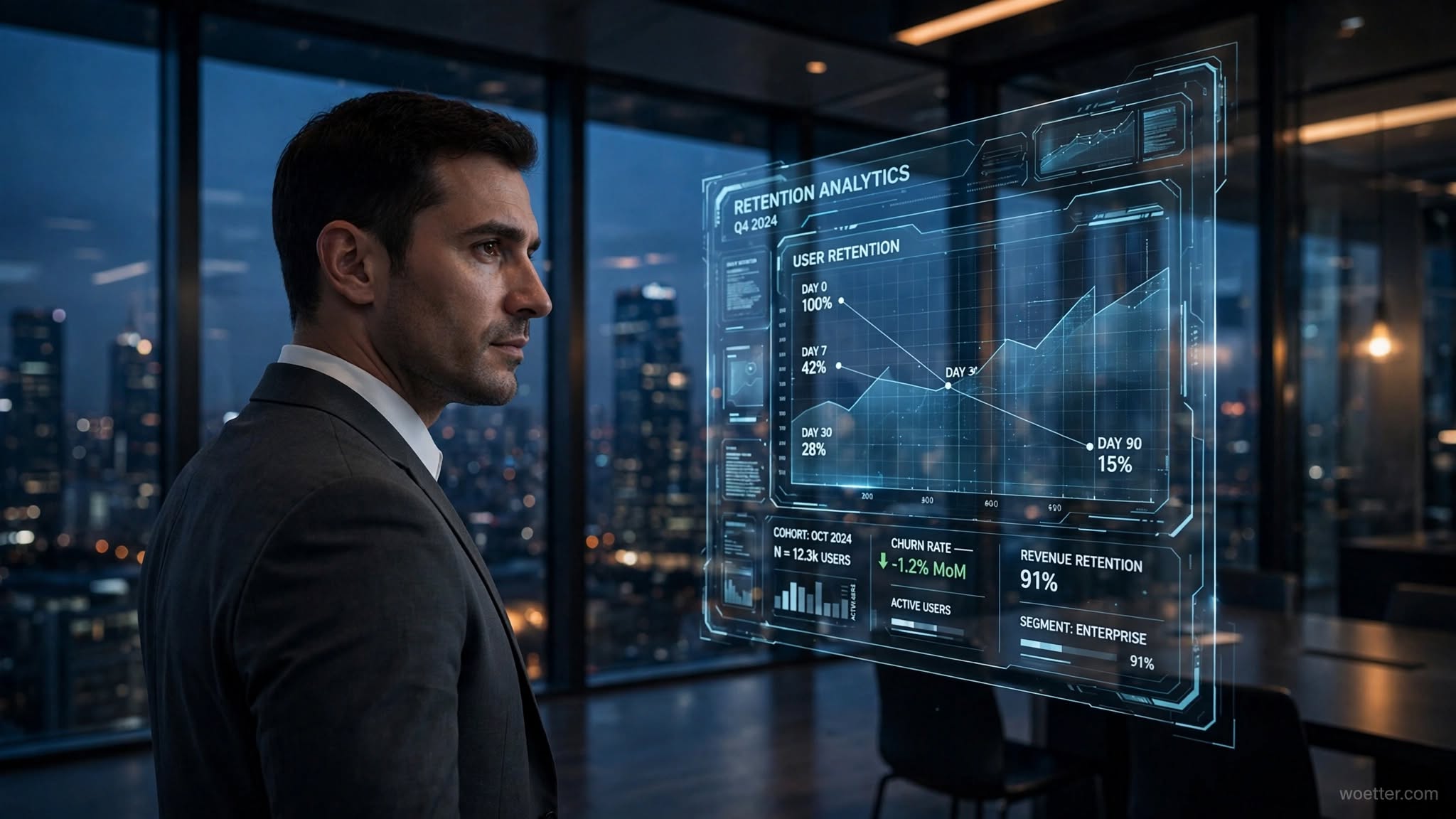 Um homem de terno escuro, visto de perfil, observa atentamente um painel de dados holográfico flutuante e luminoso em tons de azul neon. A interface digital avançada exibe gráficos de linha e estatísticas corporativas, destacando termos como "Retention Analytics", "User Retention" e "Churn Rate". O cenário é um escritório moderno, elegante e com pouca luz, possuindo amplas janelas de vidro que revelam a paisagem de uma grande cidade iluminada ao anoitecer, criando uma atmosfera focada, futurista e de alta tecnologia.